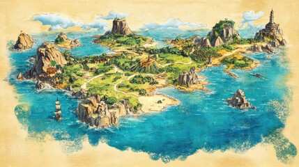 Detailed illustrated map of a fictional archipelago.