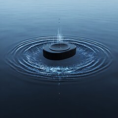 Abstract Black Object Floating on Water with Ripples and Droplets