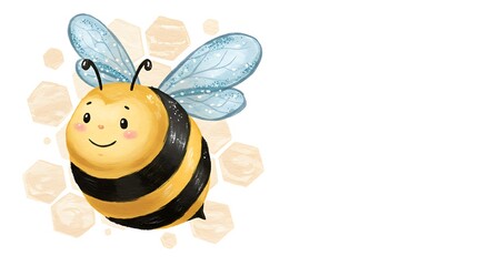 Honeybee Watercolor Illustration: Happy Cartoon Bee Flying Near Honeycomb, Children's Style Art for World Bee Day Designs and Educational Material, Isolated on White