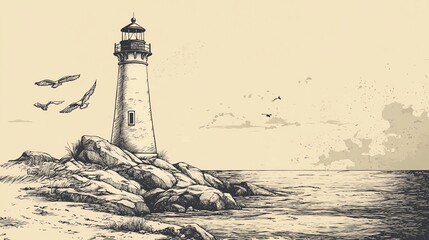 Ink illustration depicts a solitary lighthouse perched on rocks, with seagulls and a cloudy sky.
