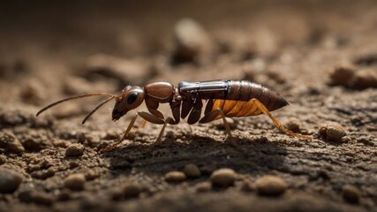 Detailed shot of a brown beetle crawling across rough terrain, showcasing its segmented body and delicate legs in soft lighting