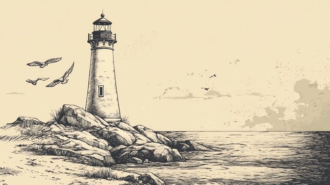 Ink illustration depicts a solitary lighthouse perched on rocks, with seagulls and a cloudy sky.