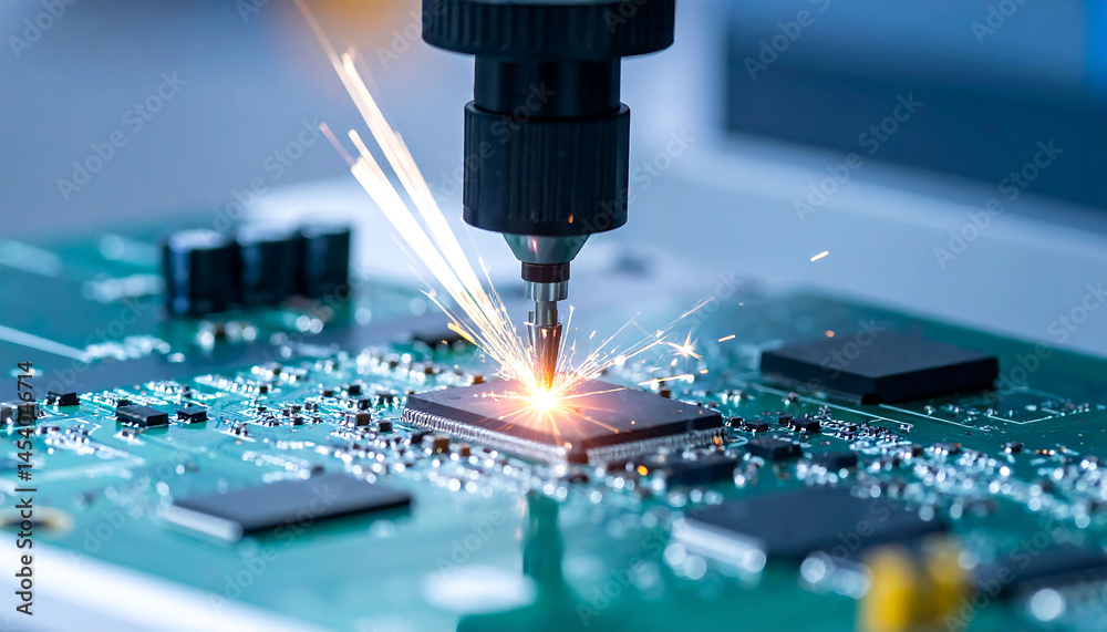Poster closeup of automated machine soldering a microchip on a circuit board, creating sparks. represents p