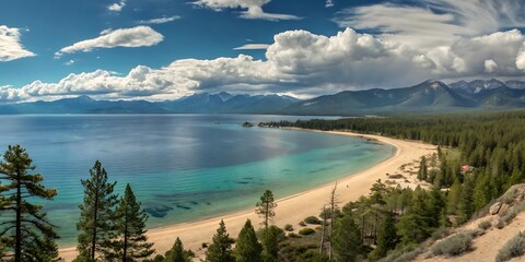 Panoramic view of a sandy beach meeting a tranquil lake surrounded by mountains and a lush forest edge