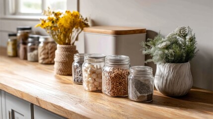 A row of refillable jars filled with various ingredients sits on a warm wooden countertop next to a compost bin. Dried flowers add a touch of warmth to the kitchen atmosphere