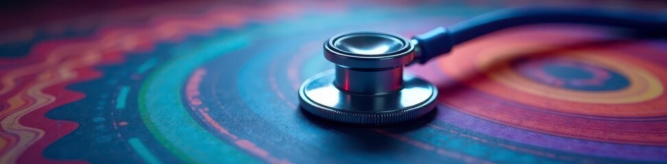 Stethoscope on swirling, multicolored backdrop, wellness, pulse