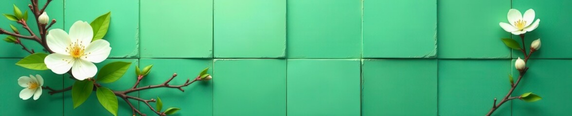 Subtle ivory blossoms on jade green, seamless tile design, wallpaper, backdrop