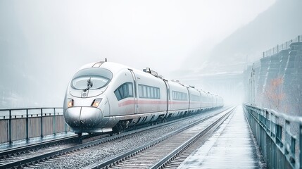 Fototapeta premium Highspeed train crossing a railway bridge in dramatic landscape perspective
