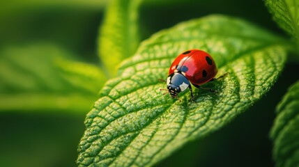Fototapeta premium A red ladybug resting on a green leaf