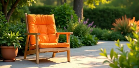 Obraz premium Wooden framed patio chair, vibrant orange fabric , natural, elegant