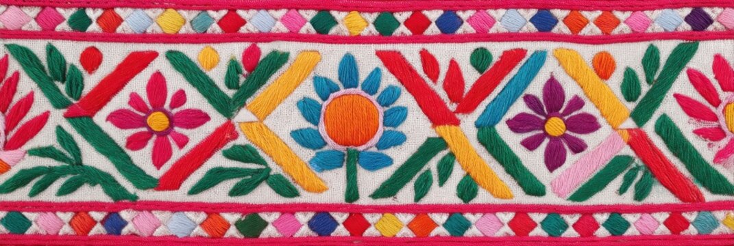 Indian phulkari embroidery showcasing vibrant floral patterns and geometric designs in rich colors, highlighting traditional craftsmanship and cultural heritage in textile art
