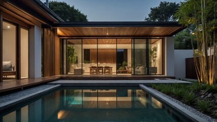 Fototapeta premium Serene swimming pool adjacent to a modern minimalist home with wood accents under a clear blue sky surrounded by lush greenery