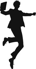 Vector silhouette of a person jumping with a book in hand, symbolizing success, achievement, and joy