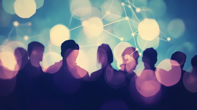 Networking Silhouette: A striking visual of interconnectedness, a group of figures stands silhouetted against a vibrant backdrop of bokeh lights, representing the essence of connection.