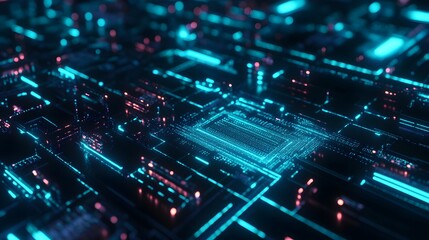 Fototapeta premium Glowing Circuitry: A futuristic view of a circuit board, with glowing neon lines and intricate details that embody the essence of cutting-edge technology.