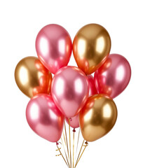 Pink and gold balloons on transparent PNG background. AI generated.