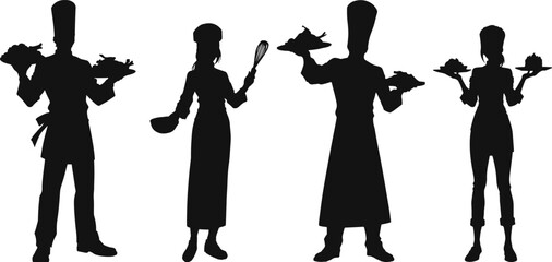  Vector silhouette of chefs holding dishes and kitchen utensils