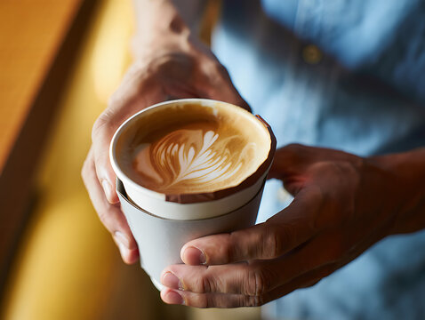 Man presents latte art in eco-friendly coffee cup