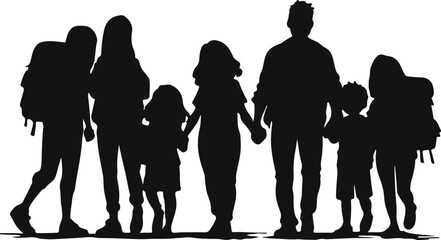 Vector silhouette of a family walking together, symbolizing unity and adventure. Perfect for travel, holiday, and bonding themes, highlighting togetherness and exploration