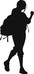 Vector silhouette of a woman on vacation with a backpack, walking confidently, symbolizing travel and adventure