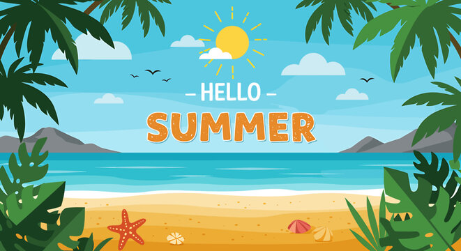 Flat vector illustration of a vibrant summer beach scene with palm trees, a sunny sky, and a relaxing beach chair. Perfect for summer holiday promotions