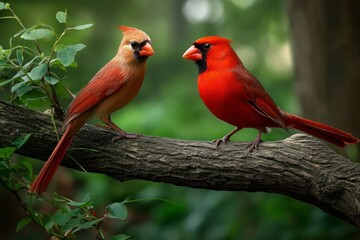 Two Cardinals Resting on Branch in Forest Nature Bird Photography