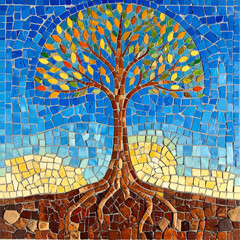 Colorful tree mosaic, symbolizing growth and interconnectedness. Artful design perfect for backgrounds, education, or conceptual visuals.