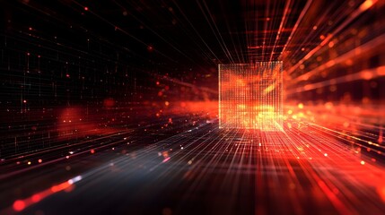 Digital Gateway: A captivating abstract of a futuristic gateway, rendered in vibrant crimson hues, illuminated by a pulsating glow, and defined by a grid of shimmering lines.