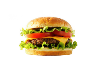 Fresh tasty hamburger with beef, cheese, sauce, tomatoes, pickled cucumber and lettuce in a crispy fresh bun. Tasty snack. Menu. PNG file.