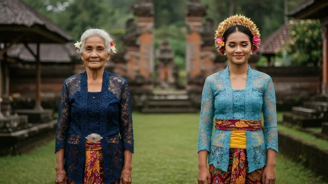 Two women in beautiful traditional outfits celebrate Balinese culture in a temple garden