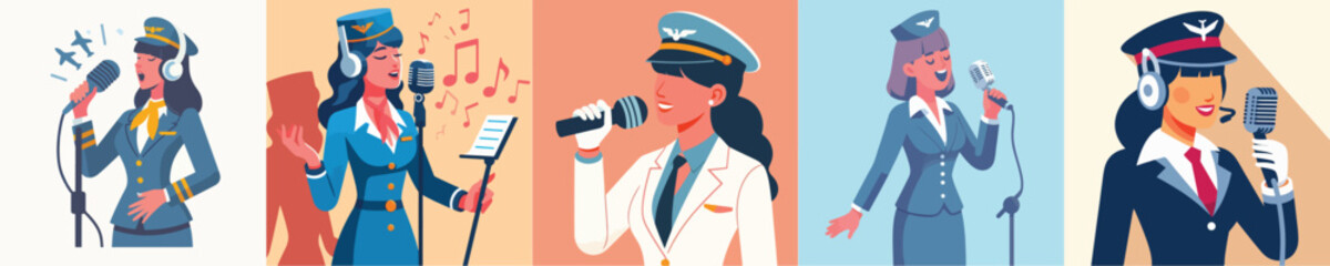 vector of flight attendant singing using microphone