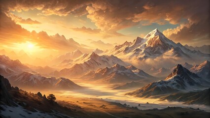 Stunning sunrise over snowy mountains with misty valley, glowing orange and pink sky, peaceful winter landscape, natural beauty, tranquil dawn scene