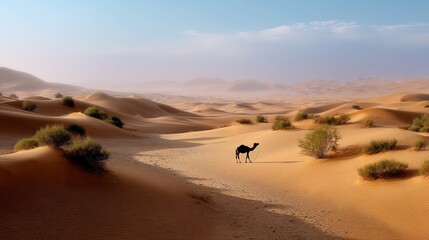 Golden sand dunes under blue sky with distant camel silhouette, conveying solitude and vast desert beauty
