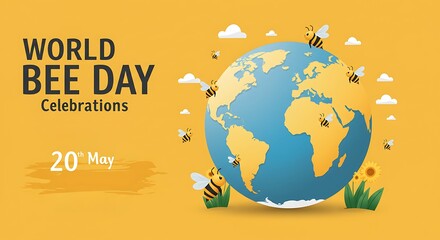Naklejka premium Cartoon Bees Buzzing Around Earth Globe for World Bee Day Celebration on May 20th, in a Bright and Cheerful Yellow, Promoting Biodiversity and Environmental Awareness