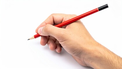 Hand with pencil on a white background