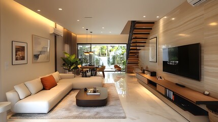 Fototapeta premium modern architectural home interior with bright lighting, clean wood furniture, lifestyle scene,