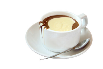 Cup of hot chocolate drink isolated on white background.