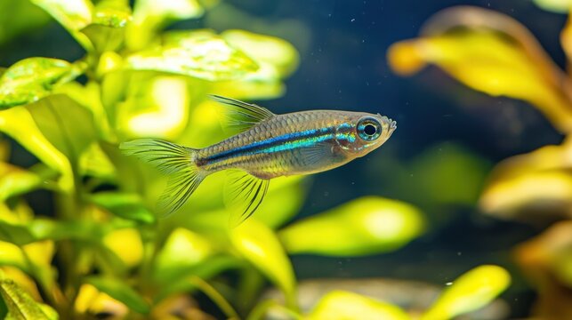 A zebra danio swimming in a planted tank