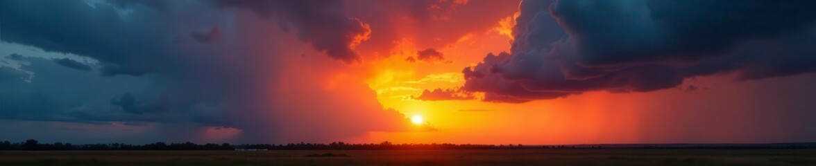 Fiery sunrise bursts through heavy storm clouds, illuminating landscape ,  energy,  sunrise,  sky