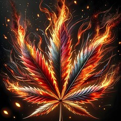 Fiery cannabis leaf with glowing orange flames