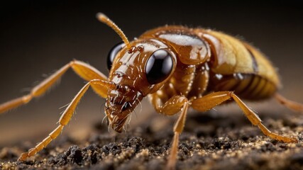 Focused closeup highlighting intricate features of small, orange ant, with detailed legs and antennae standing on soil
