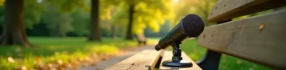 Podcast microphone on park bench, nature sounds, tranquil, autumn
