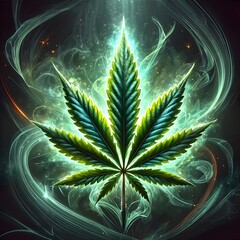 Cannabis leaf surrounded by glowing neon smoke