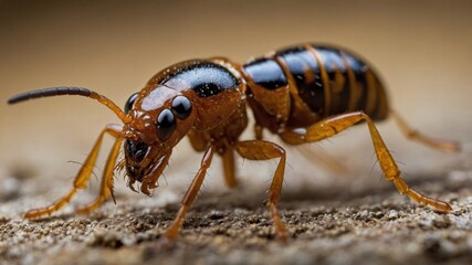 Naklejka premium Detailed close-up of an exotic beetle with shiny exoskeleton and segmented body, walking on textured surface in a nature setting.