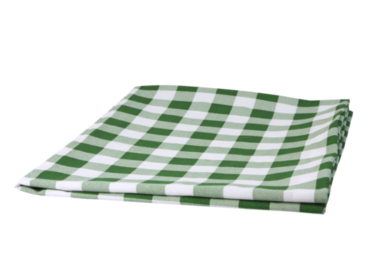 Blank placemat, folded in a green and white plaid pattern on transparent background, used for placing plates, bottles, glasses, food.