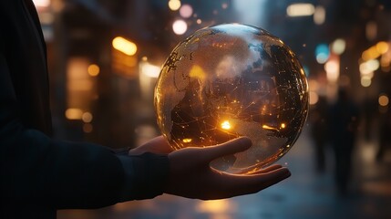 Global network connection technology concept with glowing earth in human hands abstract design