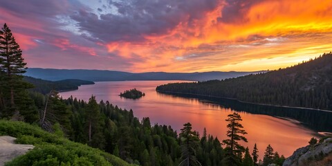 Panoramic view of lake tahoe at sunset with colorful sky and evergreen trees on the shoreline