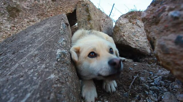 A Labrador-like puppy lies on a concrete slab