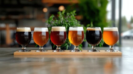 An inviting showcase of a diverse selection of craft beers in elegant glasses, highlighting different colors, aromas, and textures, perfect for beer enthusiasts or food lovers alike.