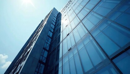 Obraz premium Sleek, tall office building detail, geometric lines, glass, highrise